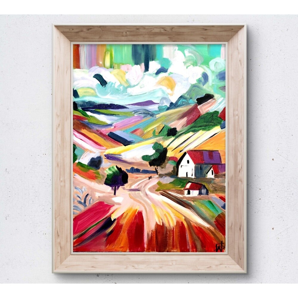 WS original farm road hand painted 12X16 canvas acrylic abstract modern fine art